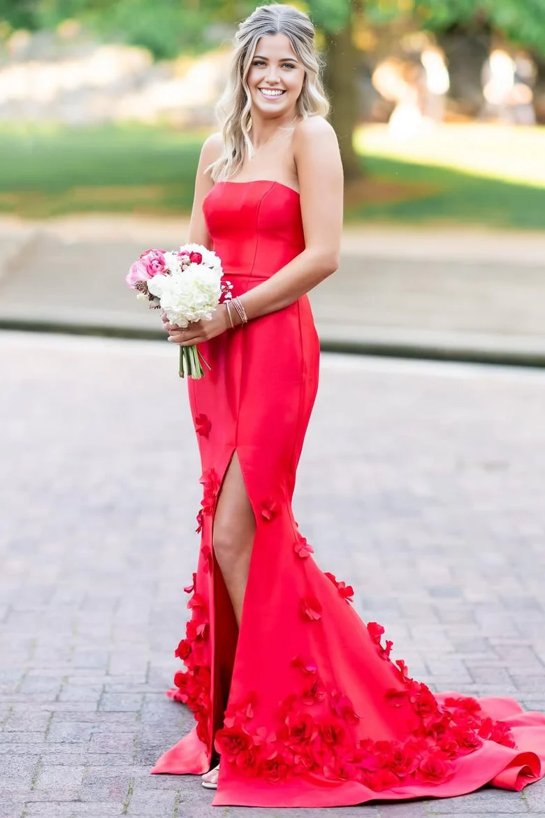 Mermaid Strapless Sleeveless Appliques Pink Long Formal formal dresses evening gown Prom Dress